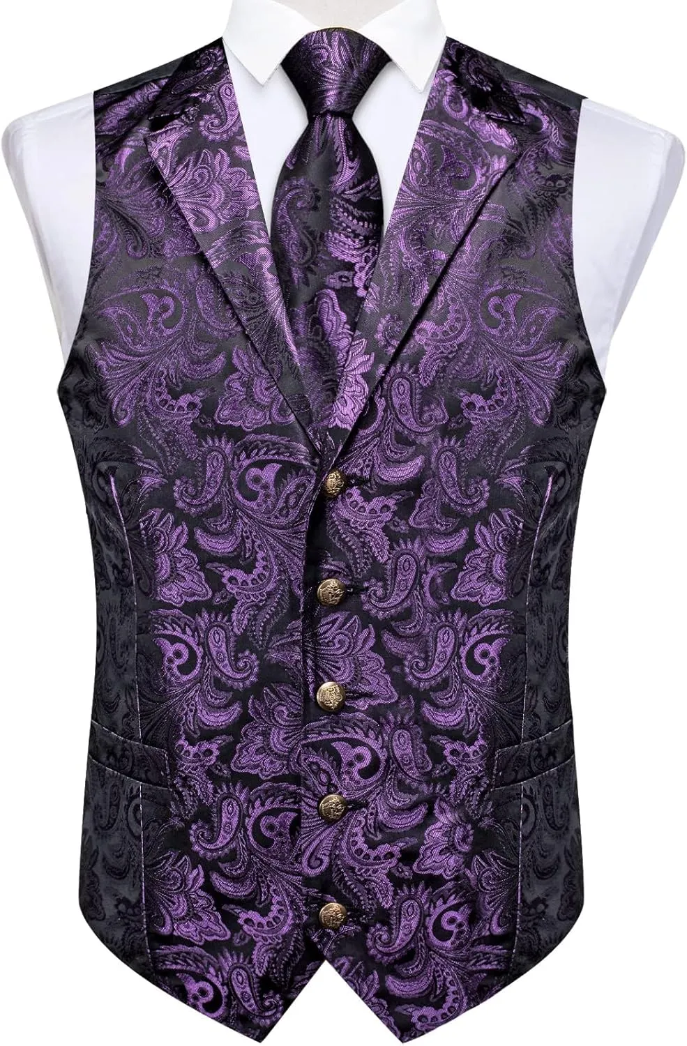 DiBanGu Silk Paisley Vest for Men Wedding Waistcoat and Necktie Bowtie Lapel Pin Set 7PCS Dress Vests for Suit or Tuxedo