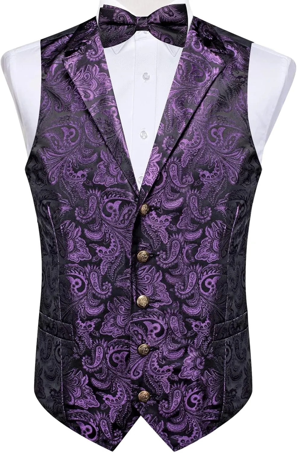 DiBanGu Silk Paisley Vest for Men Wedding Waistcoat and Necktie Bowtie Lapel Pin Set 7PCS Dress Vests for Suit or Tuxedo