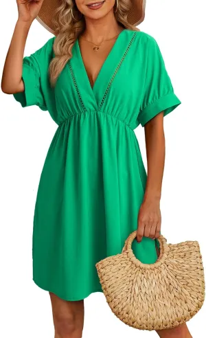 Dokotoo Swimsuit Coverup for Women Hollow Out V Neck Short Sleeve Bathing Suit Bikini Beach Cover Ups Mini Dress
