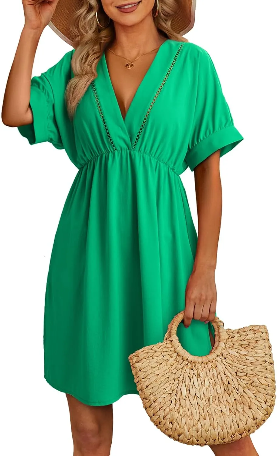 Dokotoo Swimsuit Coverup for Women Hollow Out V Neck Short Sleeve Bathing Suit Bikini Beach Cover Ups Mini Dress
