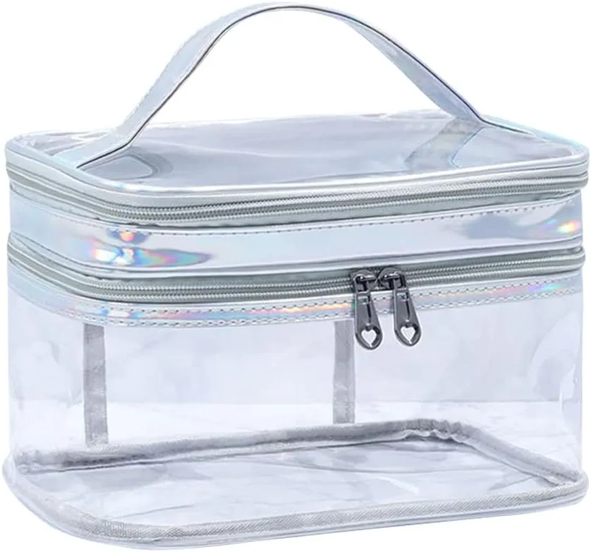 Double Layer Clear Cosmetic Bag Transparent Makeup Bag, Waterproof PVC Travel Toiletry Case Organizer for Women
