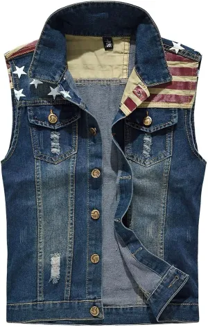 ebossy Men's Ripped Distressed Denim Vest Sleeveless Button Up Jean Vest Jacket
