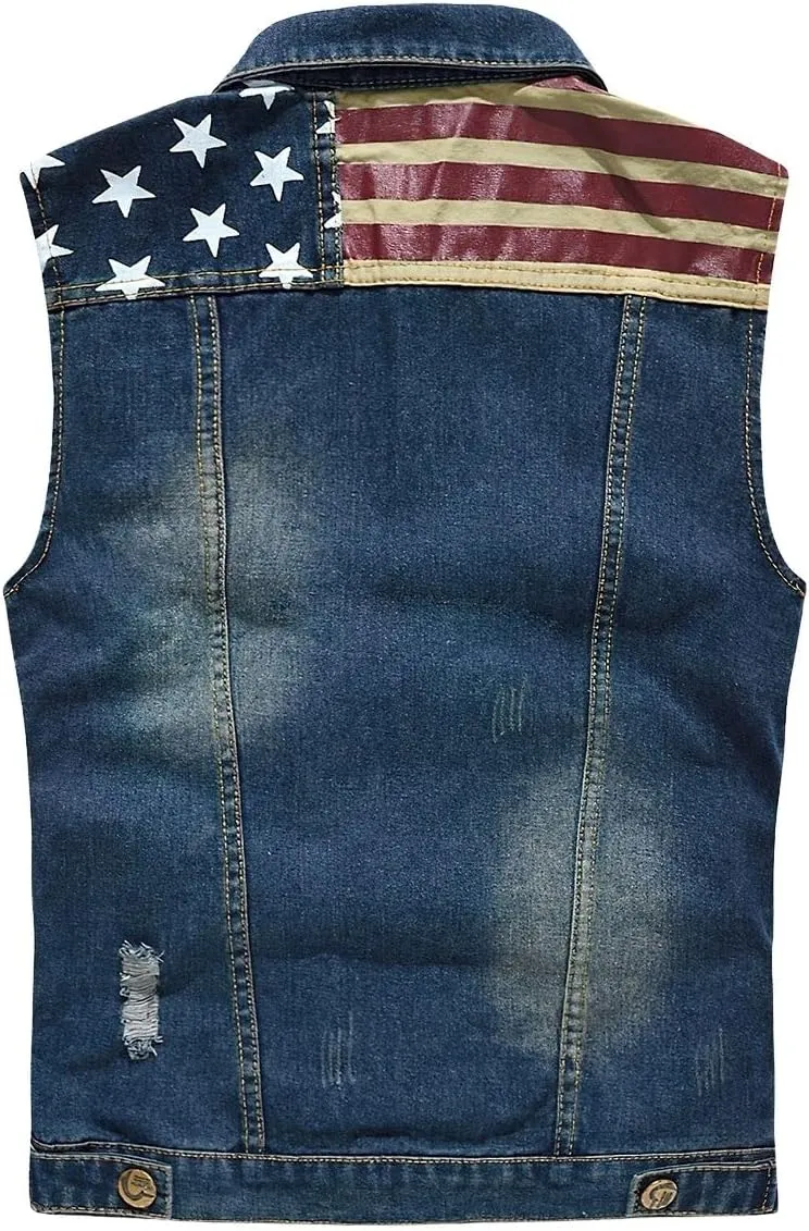 ebossy Men's Ripped Distressed Denim Vest Sleeveless Button Up Jean Vest Jacket
