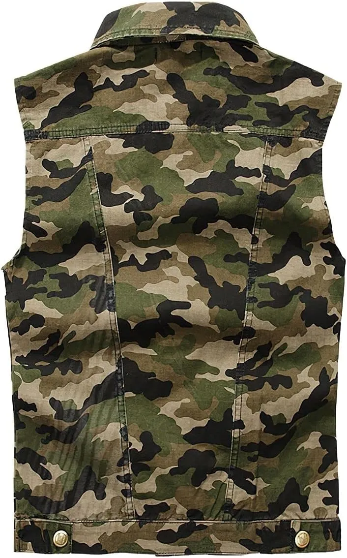 ebossy Men's Ripped Distressed Denim Vest Sleeveless Button Up Jean Vest Jacket