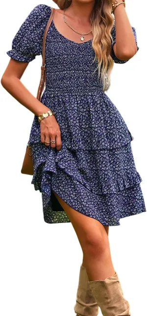Ecosunny Women's Tie V Neck Floral Print Dress Ruffle Casual Loose Beach Dress Short Sleeve Swing Mini Dress