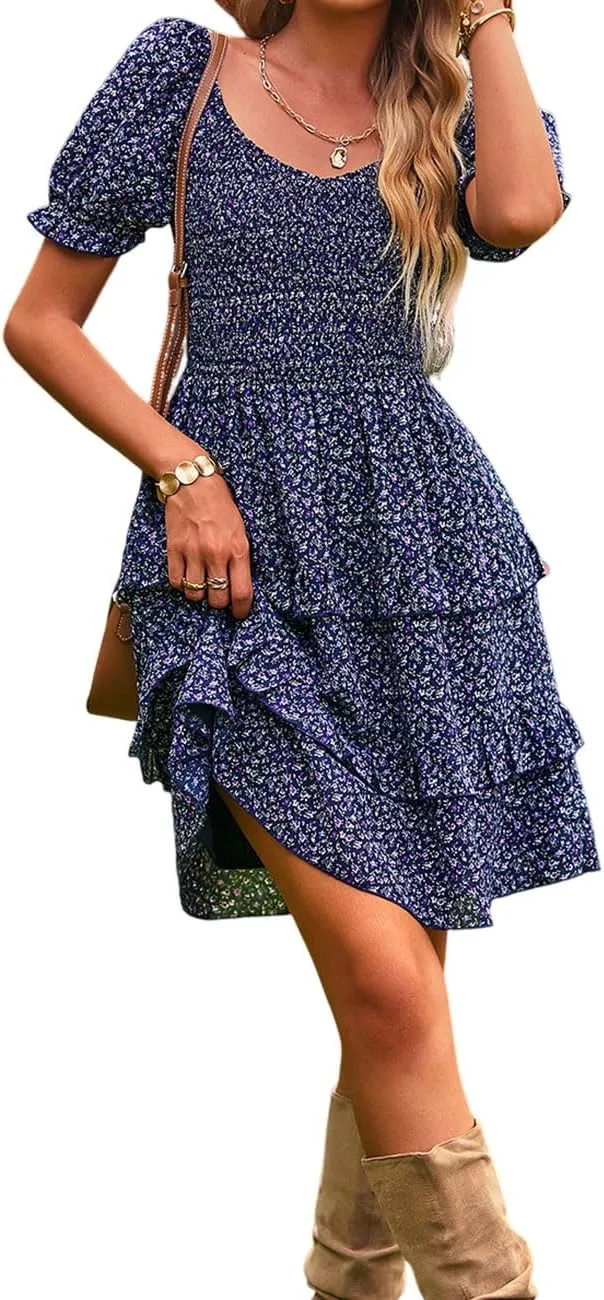 Ecosunny Women's Tie V Neck Floral Print Dress Ruffle Casual Loose Beach Dress Short Sleeve Swing Mini Dress