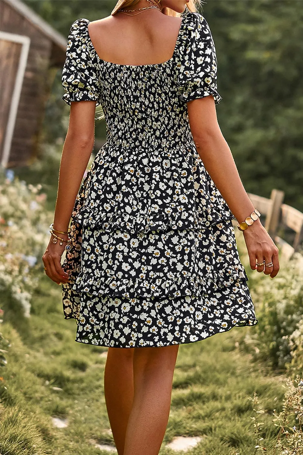 Ecosunny Women's Tie V Neck Floral Print Dress Ruffle Casual Loose Beach Dress Short Sleeve Swing Mini Dress