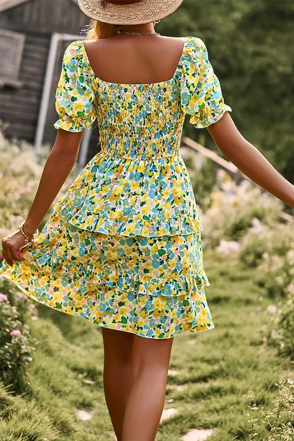 Ecosunny Women's Tie V Neck Floral Print Dress Ruffle Casual Loose Beach Dress Short Sleeve Swing Mini Dress