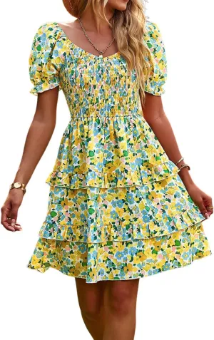 Ecosunny Women's Tie V Neck Floral Print Dress Ruffle Casual Loose Beach Dress Short Sleeve Swing Mini Dress