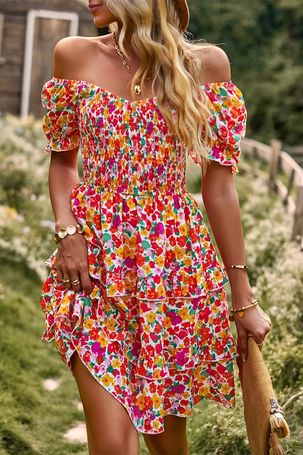 Ecosunny Women's Tie V Neck Floral Print Dress Ruffle Casual Loose Beach Dress Short Sleeve Swing Mini Dress
