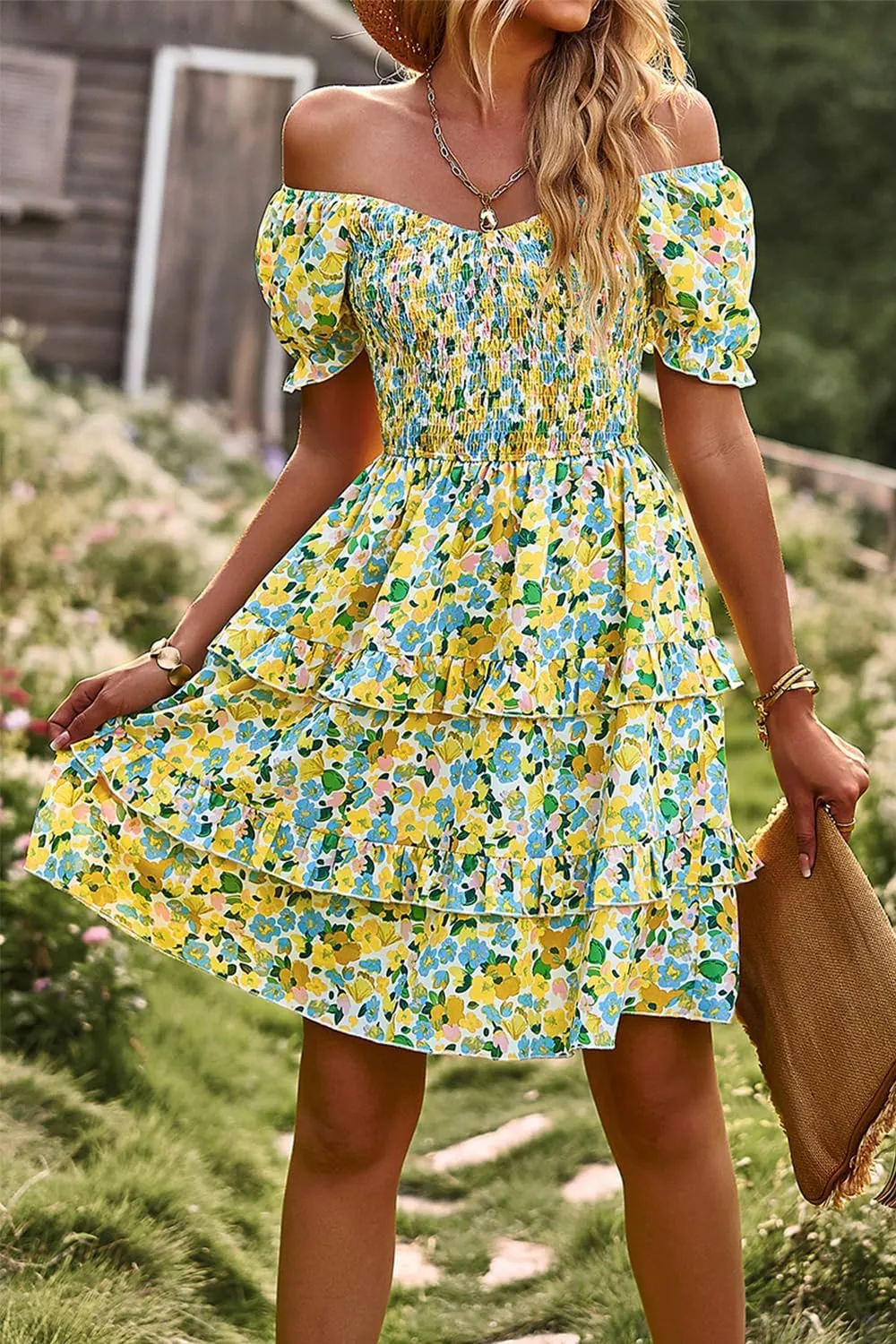 Ecosunny Women's Tie V Neck Floral Print Dress Ruffle Casual Loose Beach Dress Short Sleeve Swing Mini Dress