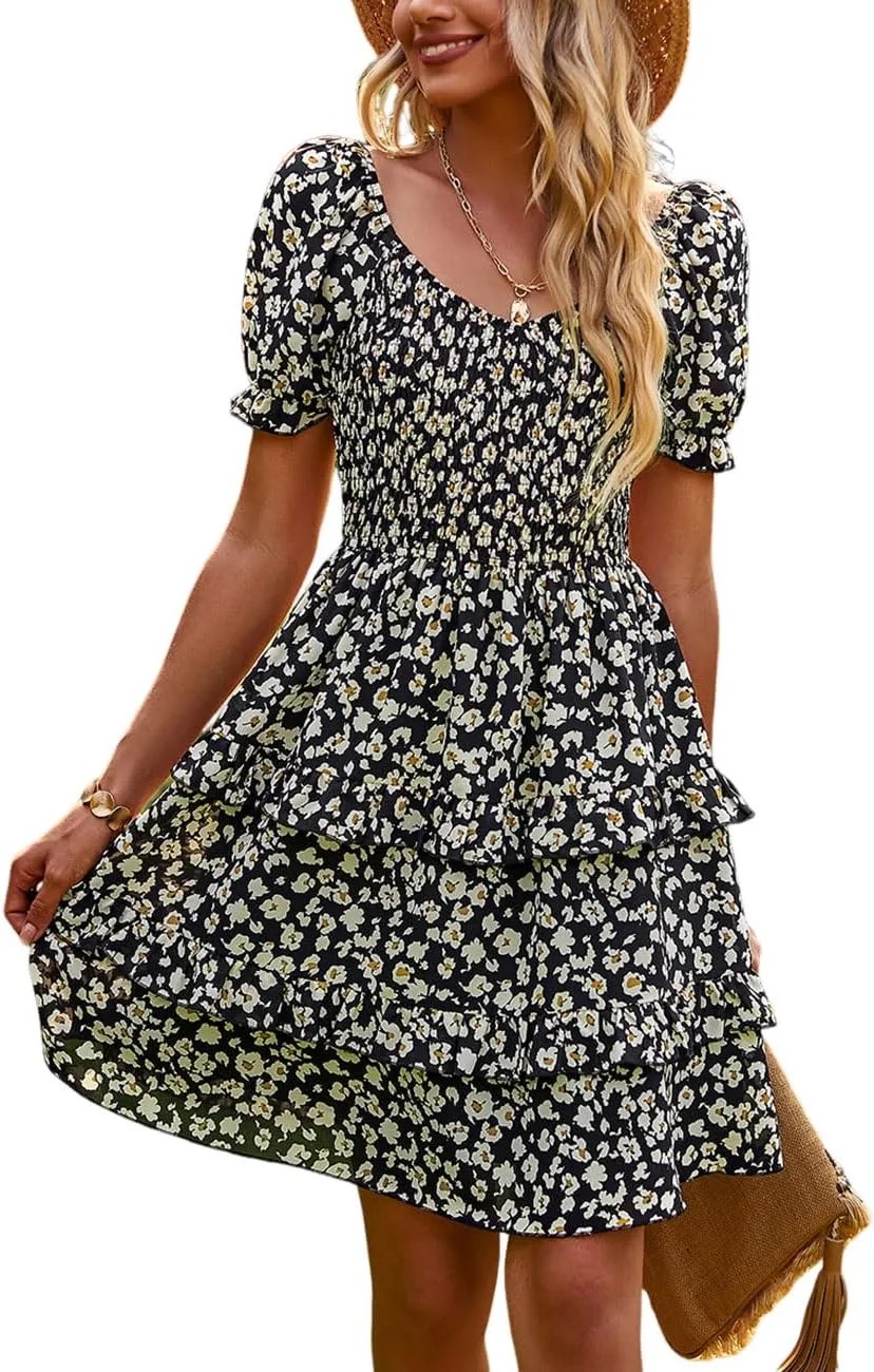Ecosunny Women's Tie V Neck Floral Print Dress Ruffle Casual Loose Beach Dress Short Sleeve Swing Mini Dress