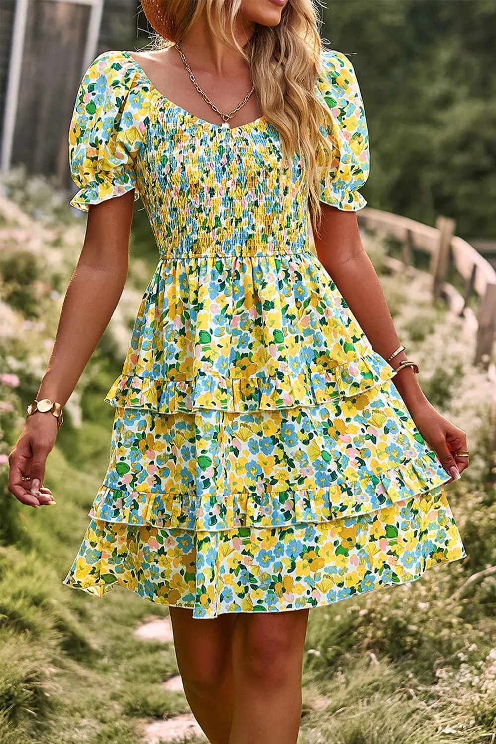 Ecosunny Women's Tie V Neck Floral Print Dress Ruffle Casual Loose Beach Dress Short Sleeve Swing Mini Dress