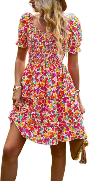 Ecosunny Women's Tie V Neck Floral Print Dress Ruffle Casual Loose Beach Dress Short Sleeve Swing Mini Dress