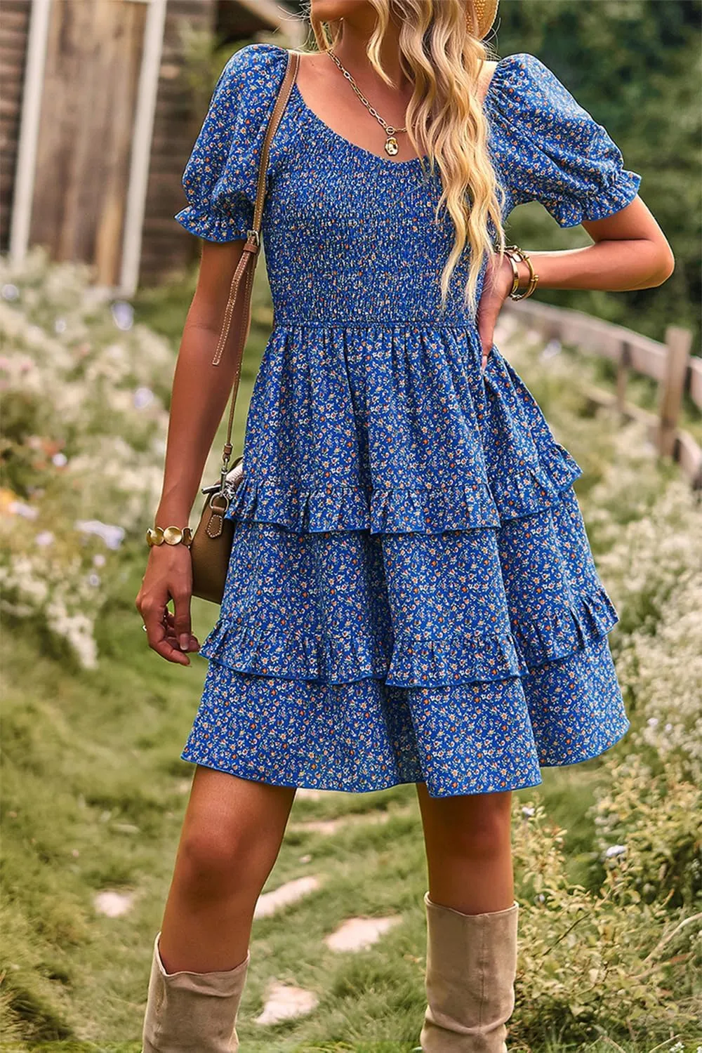 Ecosunny Women's Tie V Neck Floral Print Dress Ruffle Casual Loose Beach Dress Short Sleeve Swing Mini Dress