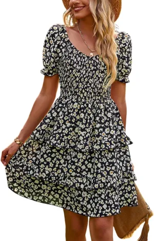 Ecosunny Women's Tie V Neck Floral Print Dress Ruffle Casual Loose Beach Dress Short Sleeve Swing Mini Dress