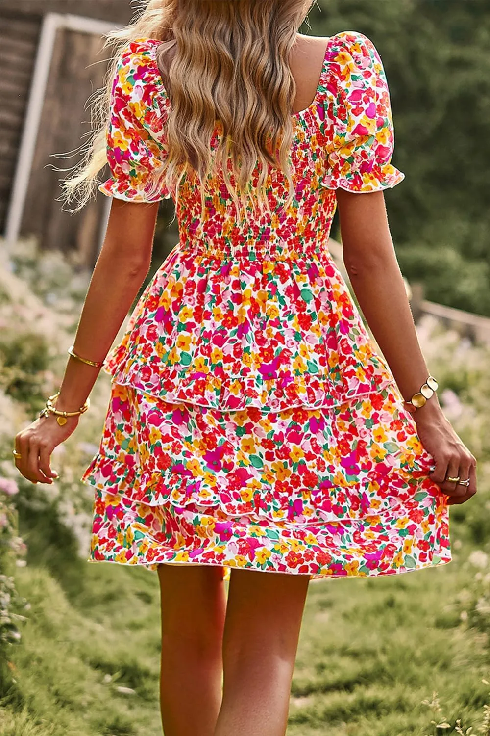 Ecosunny Women's Tie V Neck Floral Print Dress Ruffle Casual Loose Beach Dress Short Sleeve Swing Mini Dress