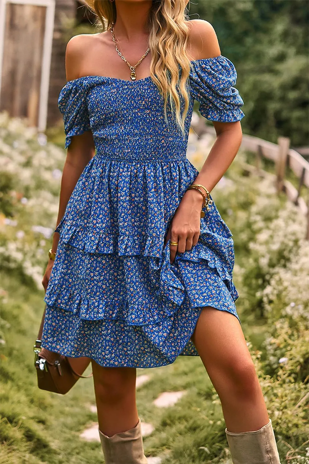 Ecosunny Women's Tie V Neck Floral Print Dress Ruffle Casual Loose Beach Dress Short Sleeve Swing Mini Dress