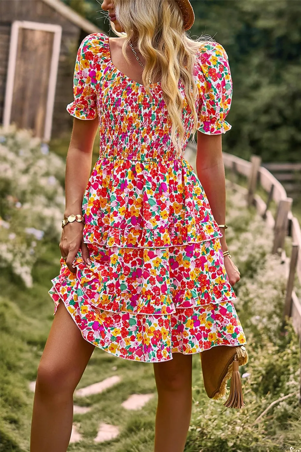 Ecosunny Women's Tie V Neck Floral Print Dress Ruffle Casual Loose Beach Dress Short Sleeve Swing Mini Dress