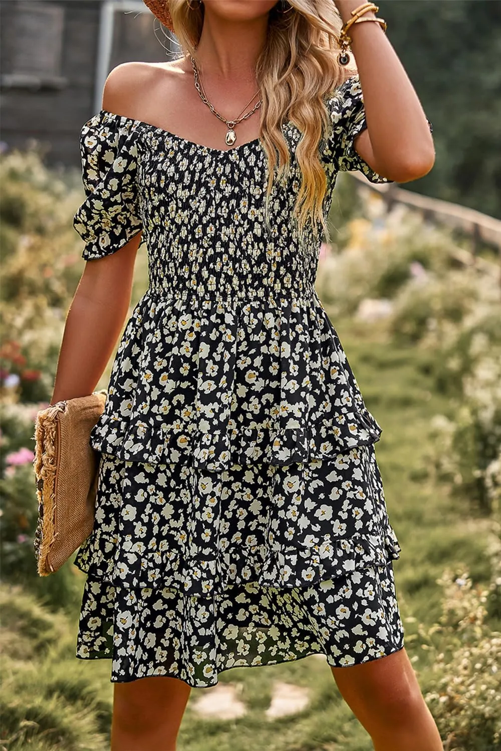 Ecosunny Women's Tie V Neck Floral Print Dress Ruffle Casual Loose Beach Dress Short Sleeve Swing Mini Dress