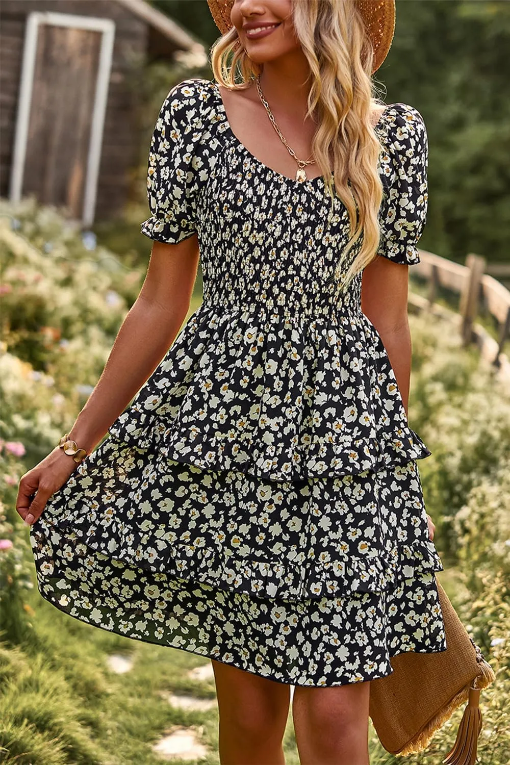 Ecosunny Women's Tie V Neck Floral Print Dress Ruffle Casual Loose Beach Dress Short Sleeve Swing Mini Dress
