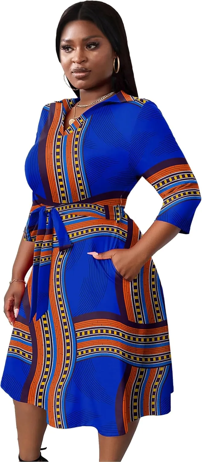 FANDEE Plus Size Midi Dress for Women - Printing Summer Dresses for Wedding Guest Cocktail Party 3/4 Sleeve V NeckXL-5XL