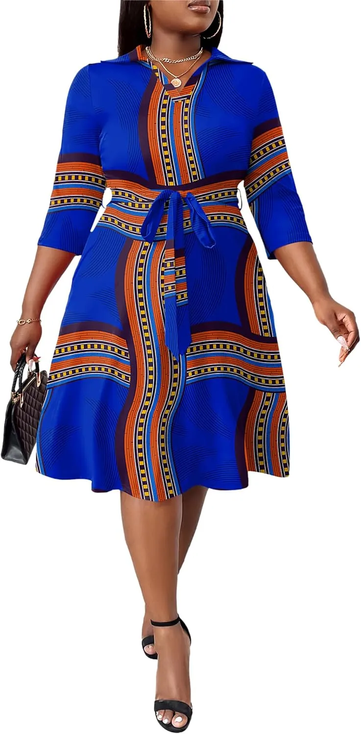 FANDEE Plus Size Midi Dress for Women - Printing Summer Dresses for Wedding Guest Cocktail Party 3/4 Sleeve V NeckXL-5XL