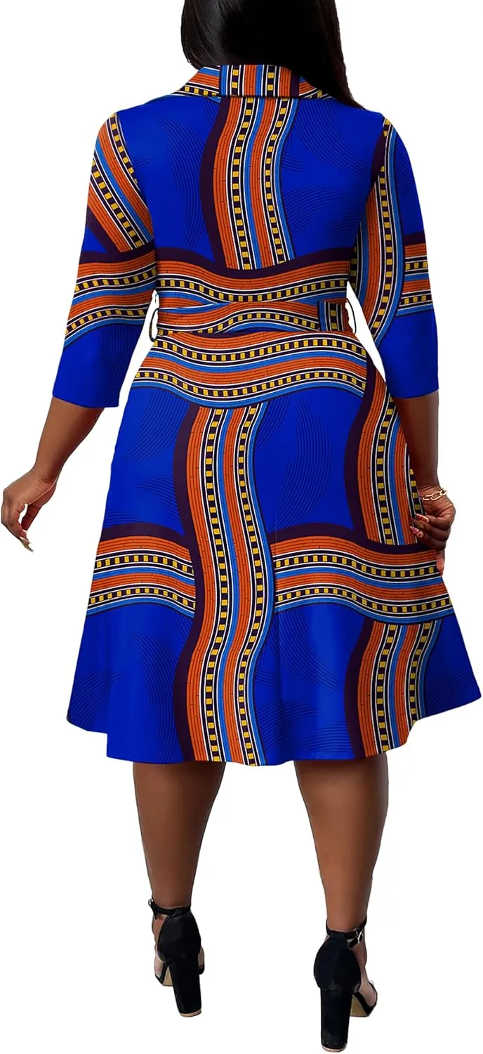 FANDEE Plus Size Midi Dress for Women - Printing Summer Dresses for Wedding Guest Cocktail Party 3/4 Sleeve V NeckXL-5XL