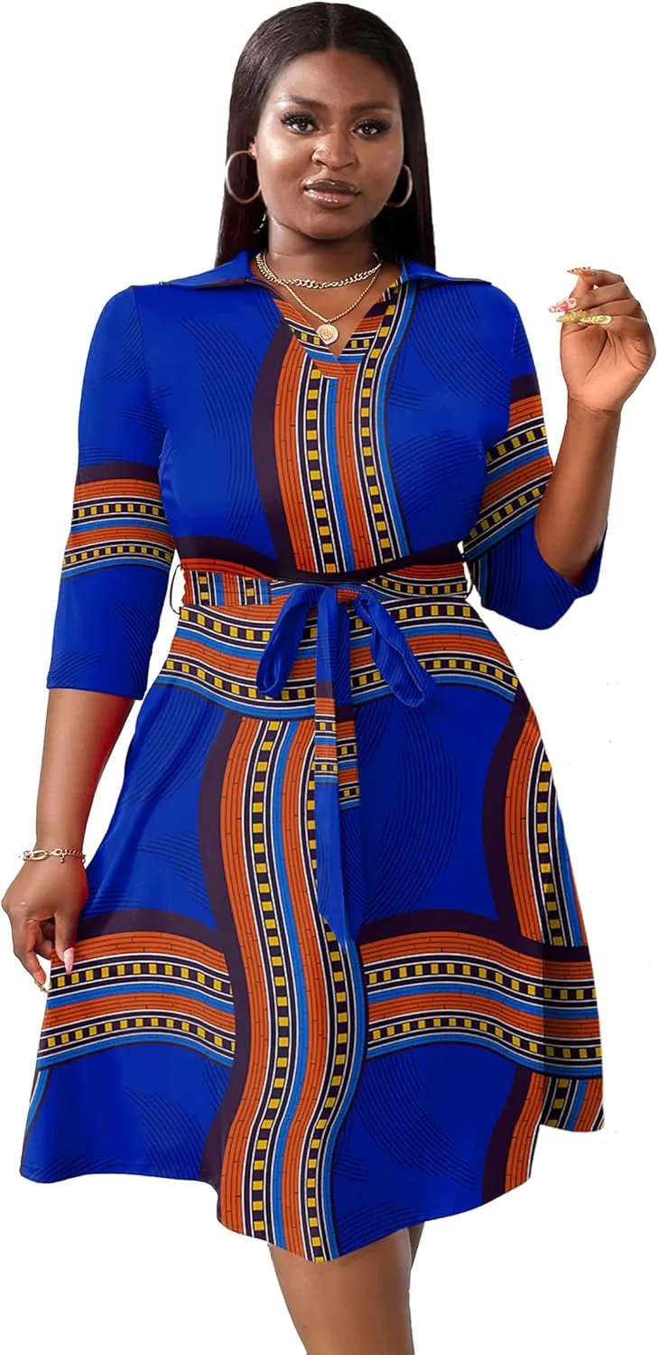 FANDEE Plus Size Midi Dress for Women - Printing Summer Dresses for Wedding Guest Cocktail Party 3/4 Sleeve V NeckXL-5XL