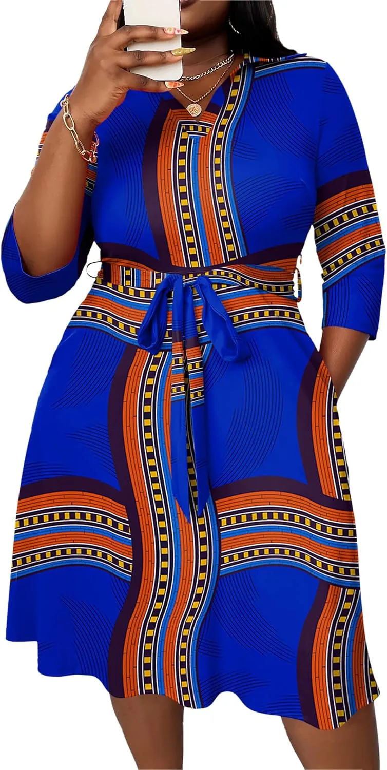 FANDEE Plus Size Midi Dress for Women - Printing Summer Dresses for Wedding Guest Cocktail Party 3/4 Sleeve V NeckXL-5XL