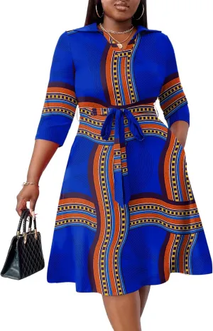 FANDEE Plus Size Midi Dress for Women - Printing Summer Dresses for Wedding Guest Cocktail Party 3/4 Sleeve V NeckXL-5XL