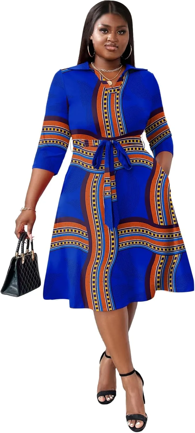 FANDEE Plus Size Midi Dress for Women - Printing Summer Dresses for Wedding Guest Cocktail Party 3/4 Sleeve V NeckXL-5XL