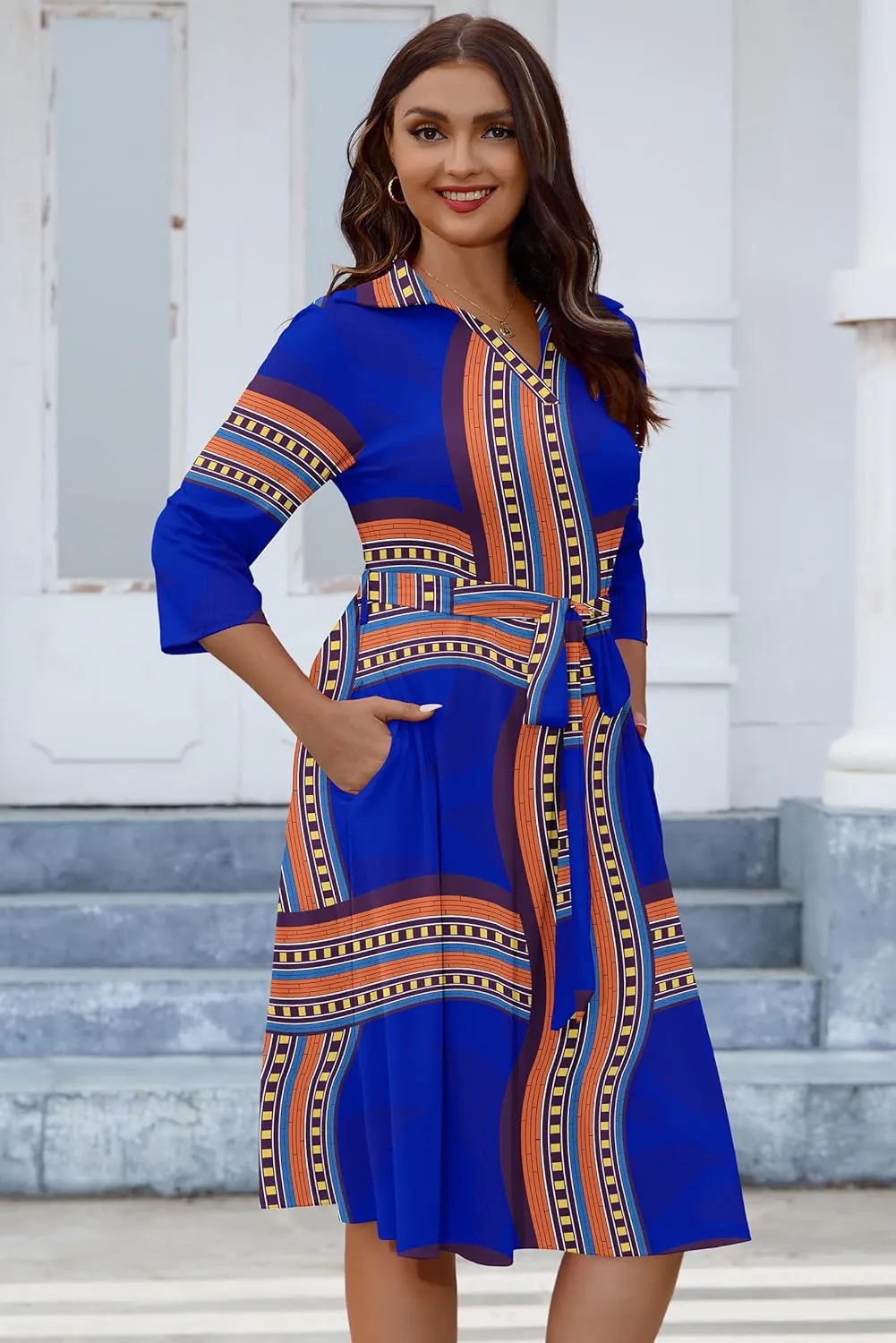 FANDEE Plus Size Midi Dress for Women - Printing Summer Dresses for Wedding Guest Cocktail Party 3/4 Sleeve V NeckXL-5XL