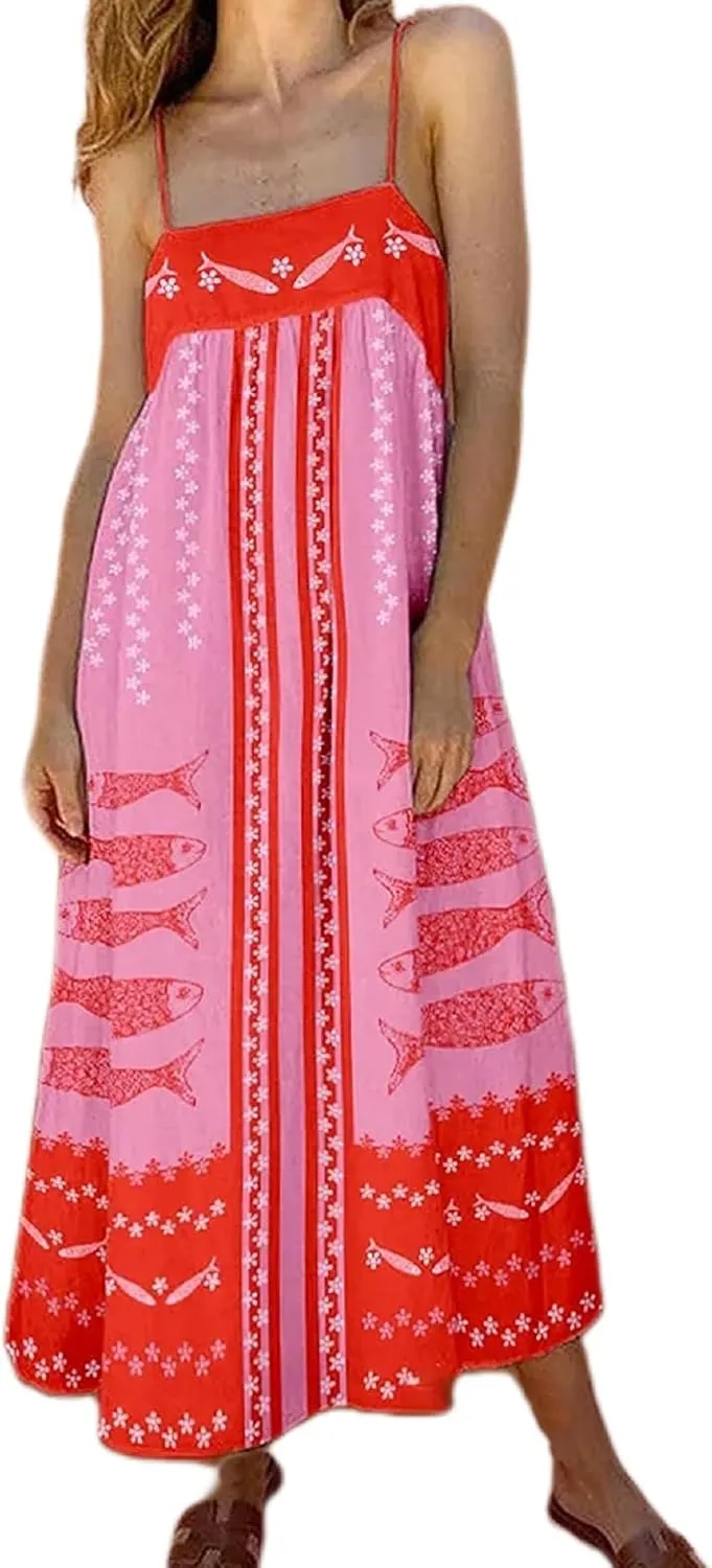 Faretumiya Women Spaghetti Strap Maxi Dress Graffiti Print Flowy Long Dresses Y2K Summer Vacation Cami Sundress