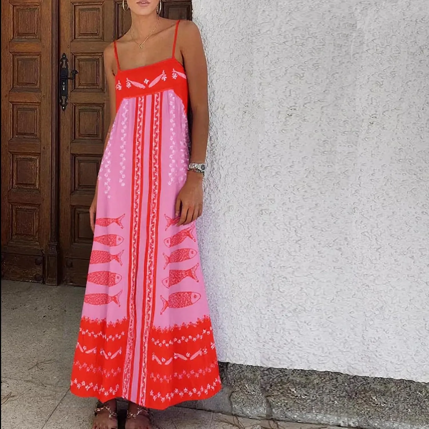 Faretumiya Women Spaghetti Strap Maxi Dress Graffiti Print Flowy Long Dresses Y2K Summer Vacation Cami Sundress
