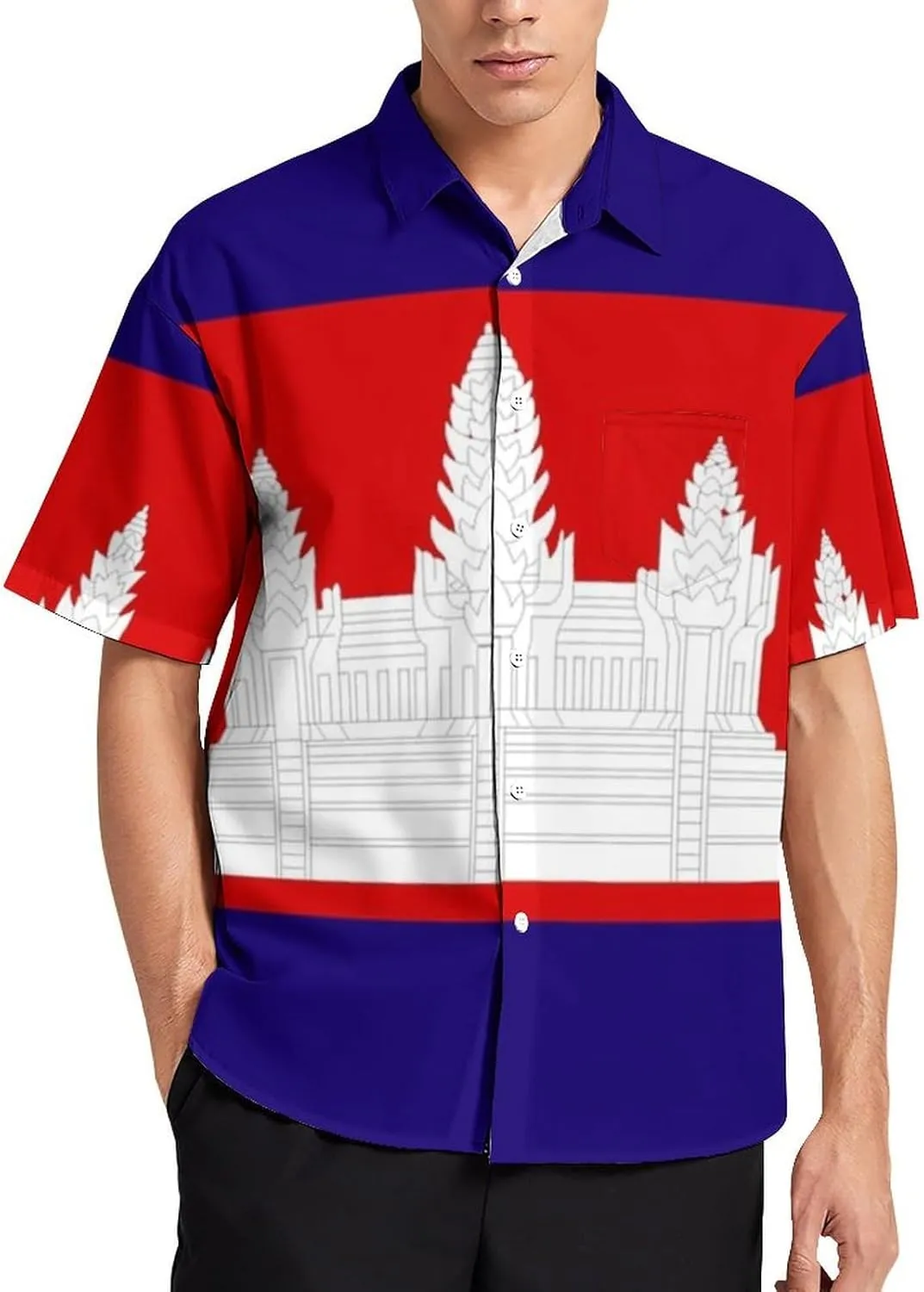 Fashion Cambodia Flag Print Men's Short Sleeve Shirt Regular Fit Casual Summer Beach Shirt with Pocket, Oversi