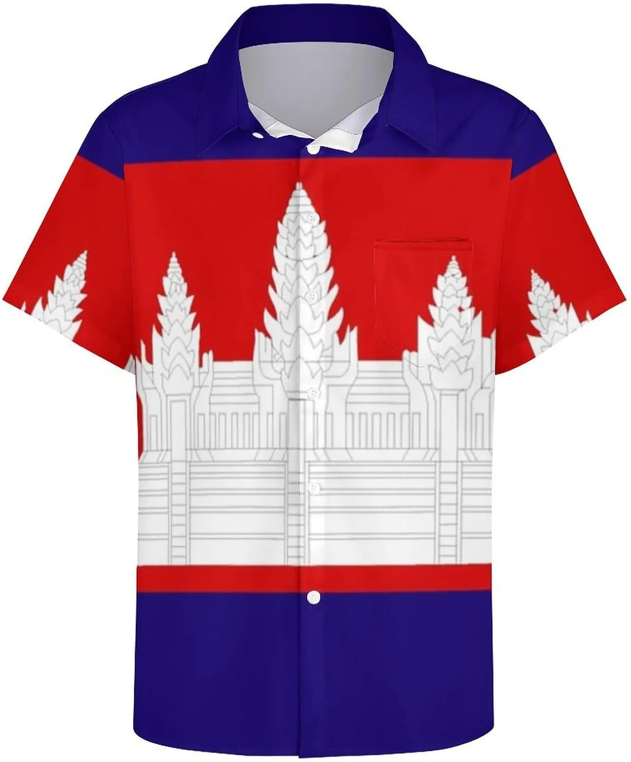 Fashion Cambodia Flag Print Men's Short Sleeve Shirt Regular Fit Casual Summer Beach Shirt with Pocket, Oversi