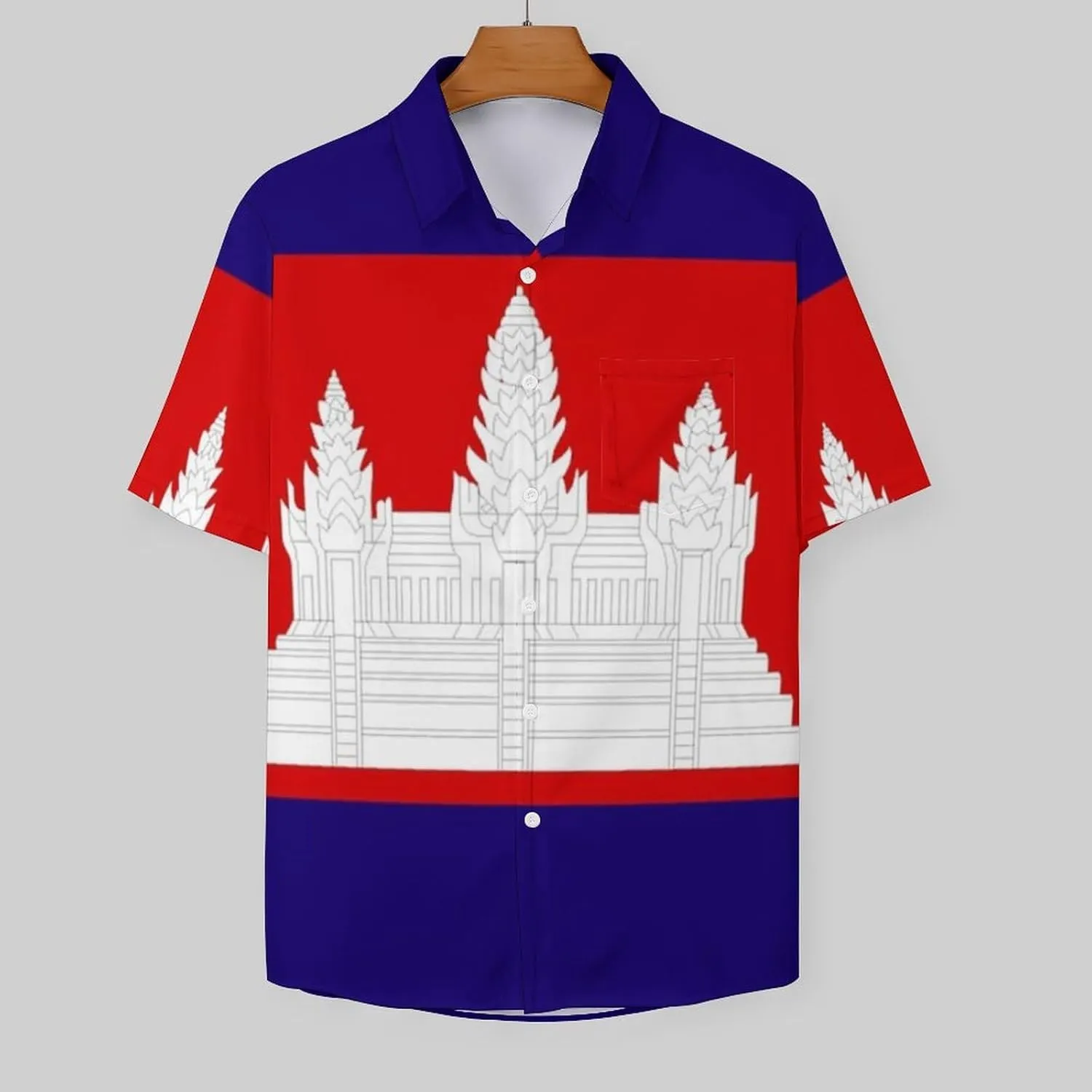Fashion Cambodia Flag Print Men's Short Sleeve Shirt Regular Fit Casual Summer Beach Shirt with Pocket, Oversi