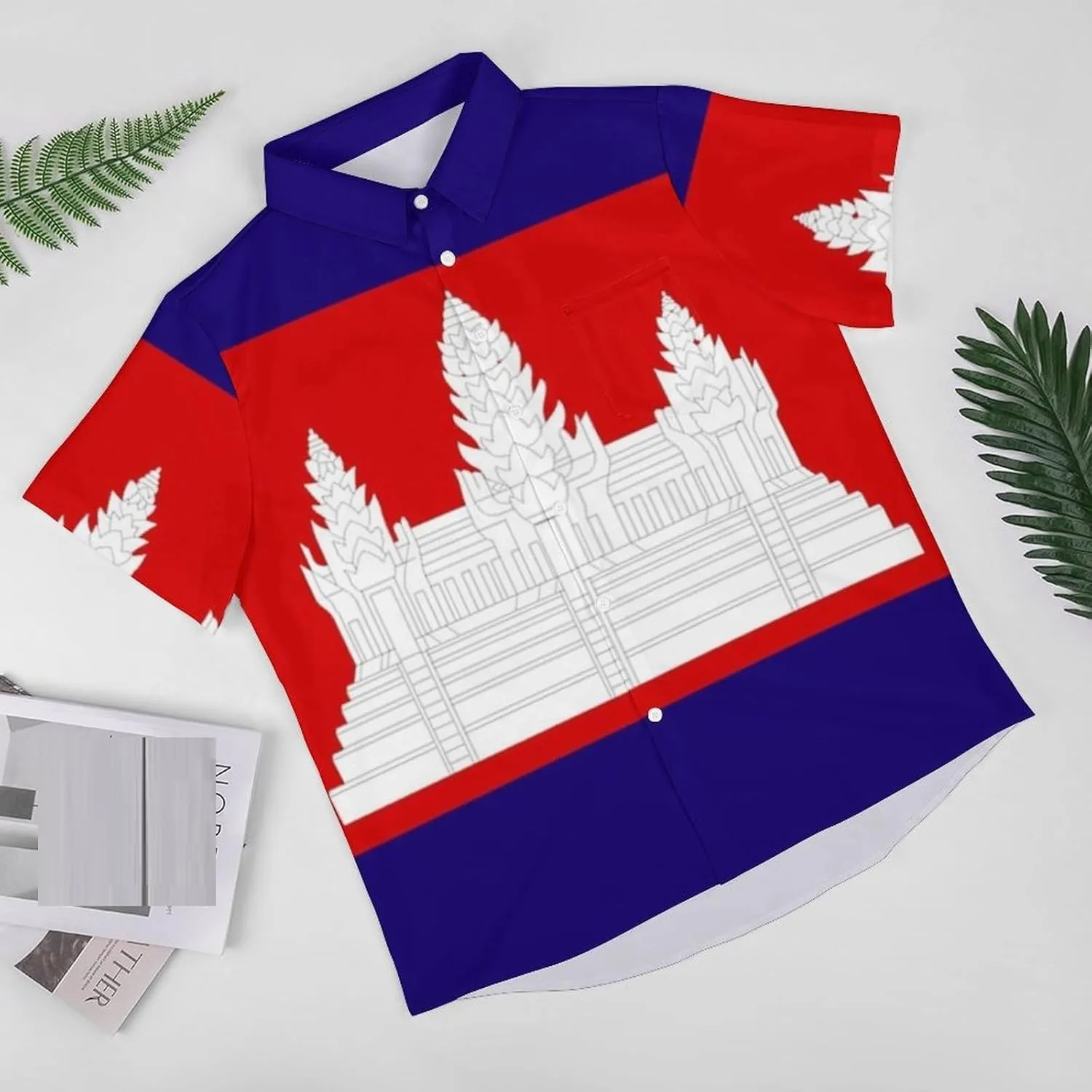 Fashion Cambodia Flag Print Men's Short Sleeve Shirt Regular Fit Casual Summer Beach Shirt with Pocket, Oversi