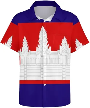 Fashion Cambodia Flag Print Men's Short Sleeve Shirt Regular Fit Casual Summer Beach Shirt with Pocket, Oversi