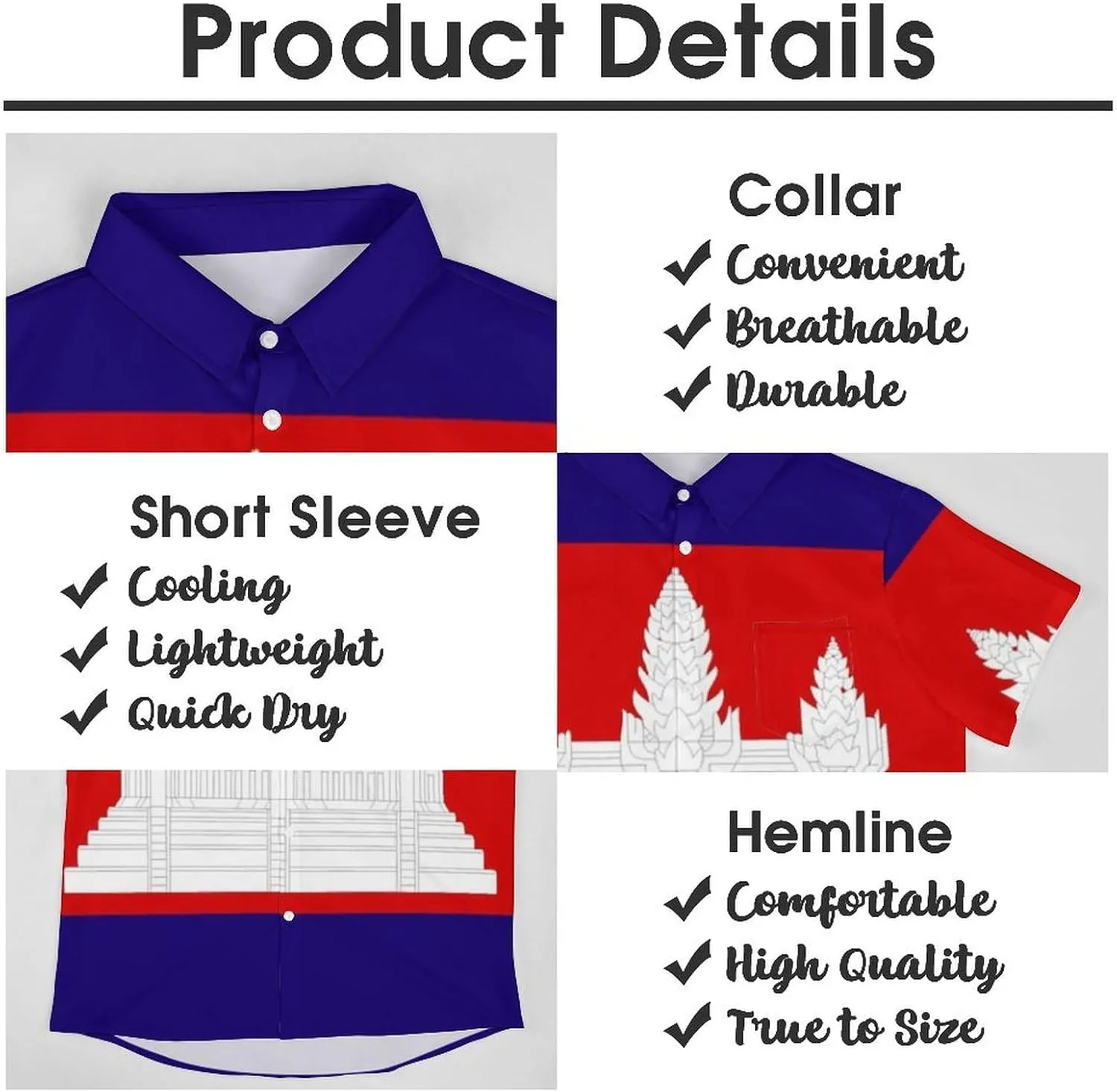 Fashion Cambodia Flag Print Men's Short Sleeve Shirt Regular Fit Casual Summer Beach Shirt with Pocket, Oversi