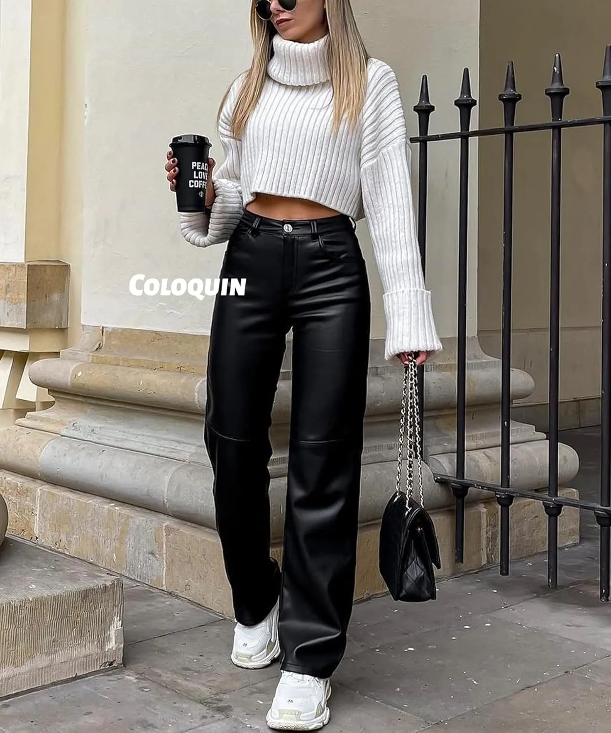 Faux Leather Pants for Women High Waist Straight Wide Leg Flare Leather Pants with Pockets