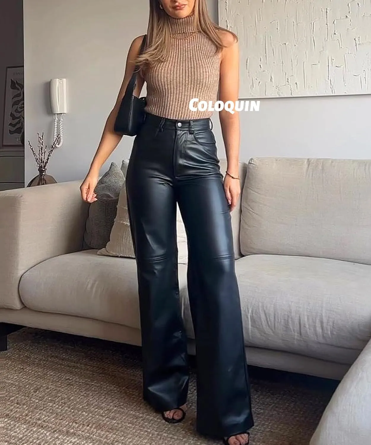 Faux Leather Pants for Women High Waist Straight Wide Leg Flare Leather Pants with Pockets