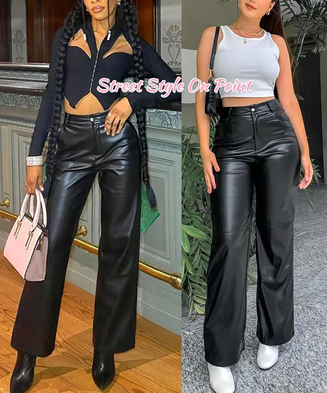 Faux Leather Pants for Women High Waist Straight Wide Leg Flare Leather Pants with Pockets