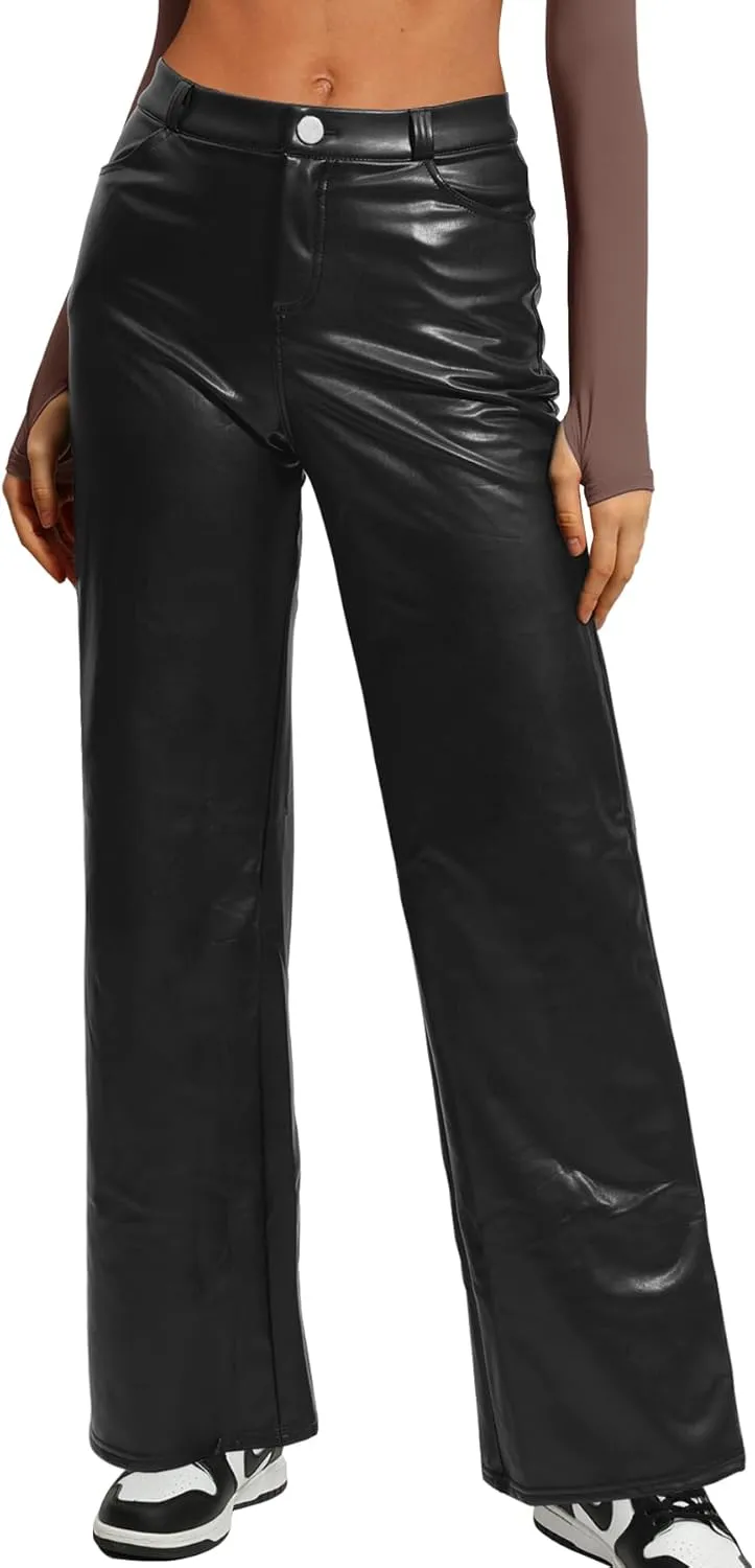 Faux Leather Pants for Women High Waist Straight Wide Leg Flare Leather Pants with Pockets