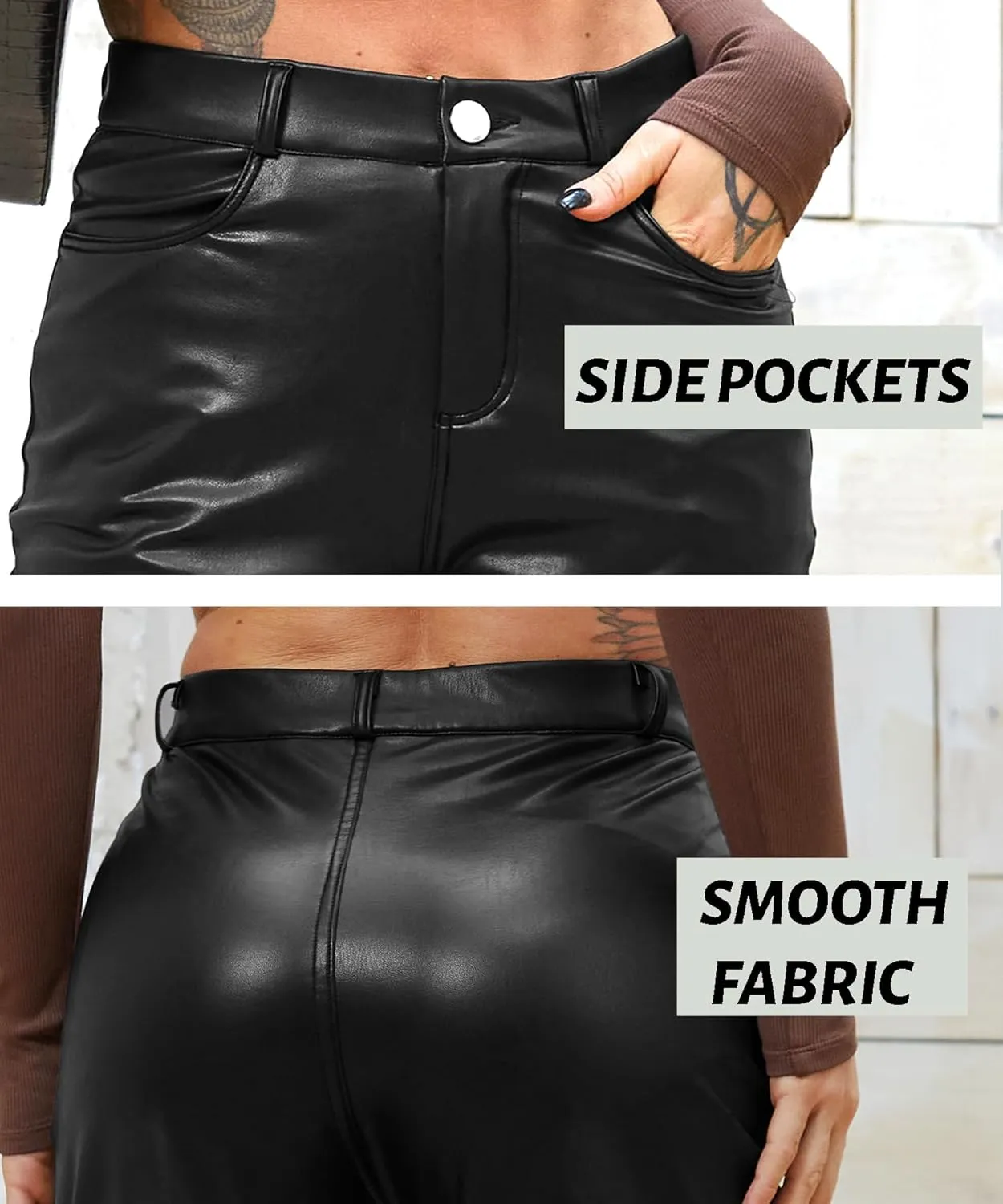 Faux Leather Pants for Women High Waist Straight Wide Leg Flare Leather Pants with Pockets