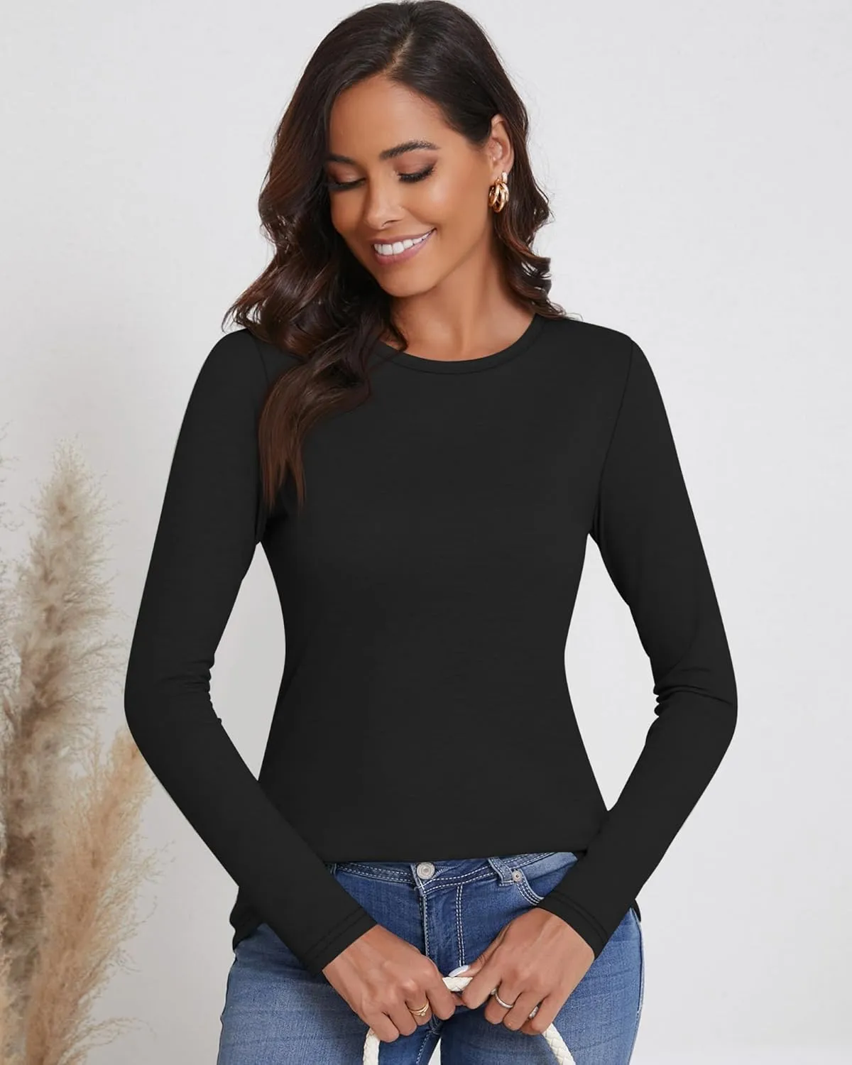 Ficerd 3 Packs Women's Long Sleeve Shirts Crew Neck Shirts 2025 Fall Tops Basic Tee Casual Loose Fit Clothes Outfits Blouse