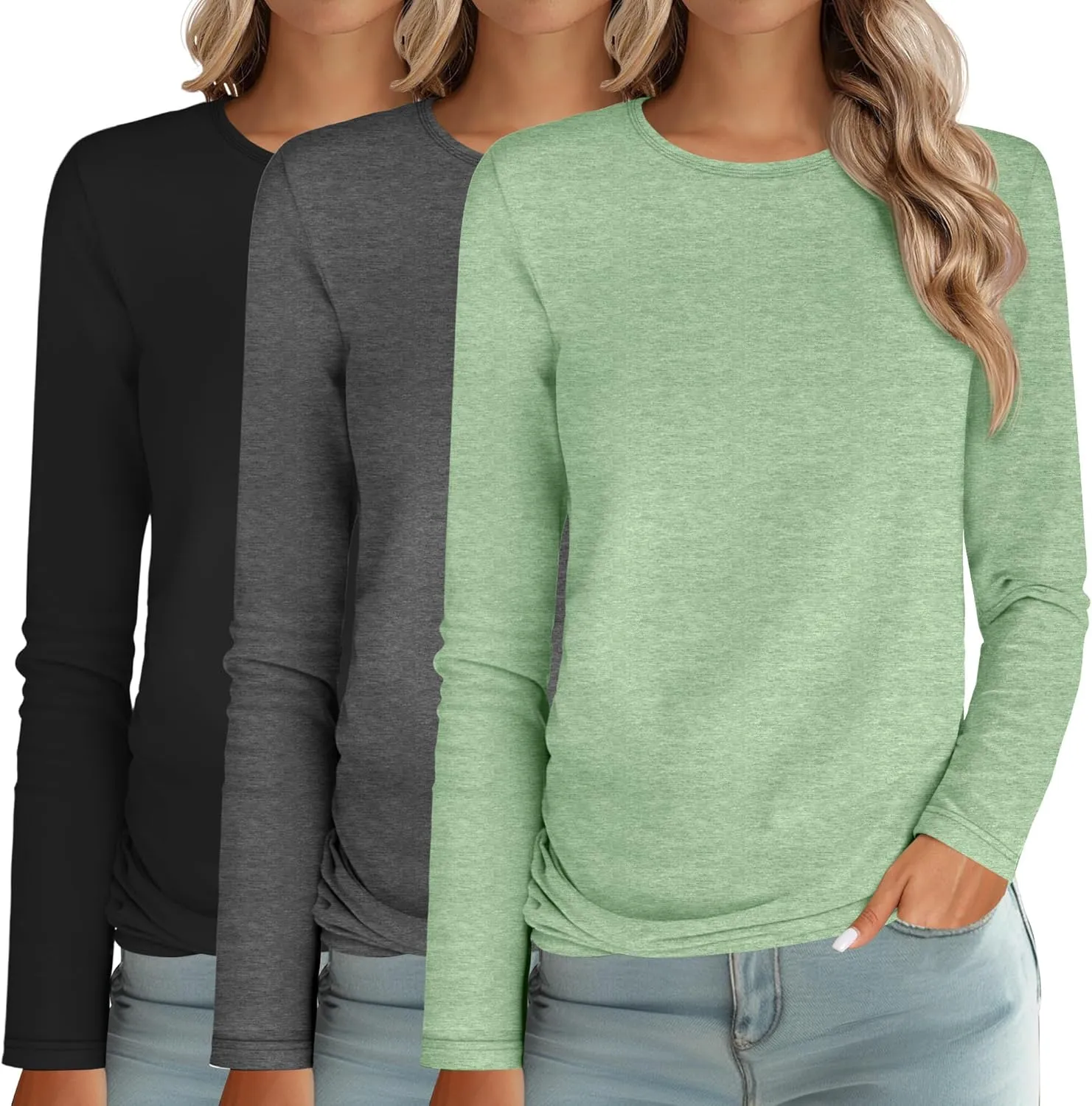 Ficerd 3 Packs Women's Long Sleeve Shirts Crew Neck Shirts 2025 Fall Tops Basic Tee Casual Loose Fit Clothes Outfits Blouse
