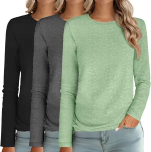Ficerd 3 Packs Women's Long Sleeve Shirts Crew Neck Shirts 2025 Fall Tops Basic Tee Casual Loose Fit Clothes Outfits Blouse