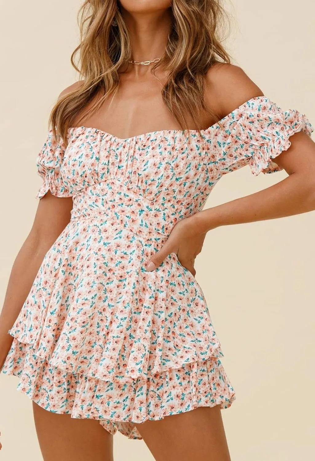 Fixmatti Women Boho Romper Off Shoulder Ruffle Chiffon Shorts Jumpsuit Playsuits